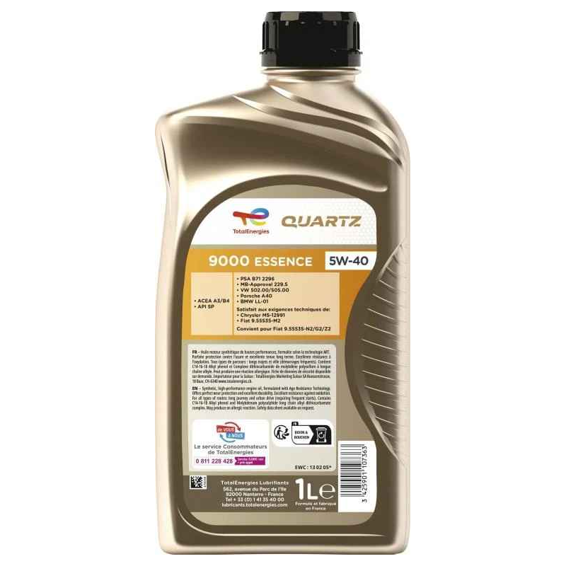 Huile moteur Quartz 9000 5W-40 essence 1L - Eboutique TotalEnergies
