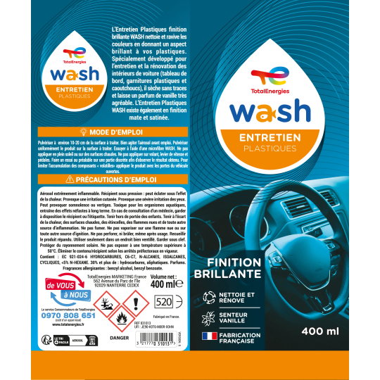 Entretien plastique finition brillante 400ml WASH