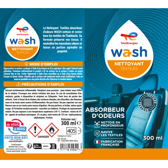 Nettoyant textile voiture 300ml WASH